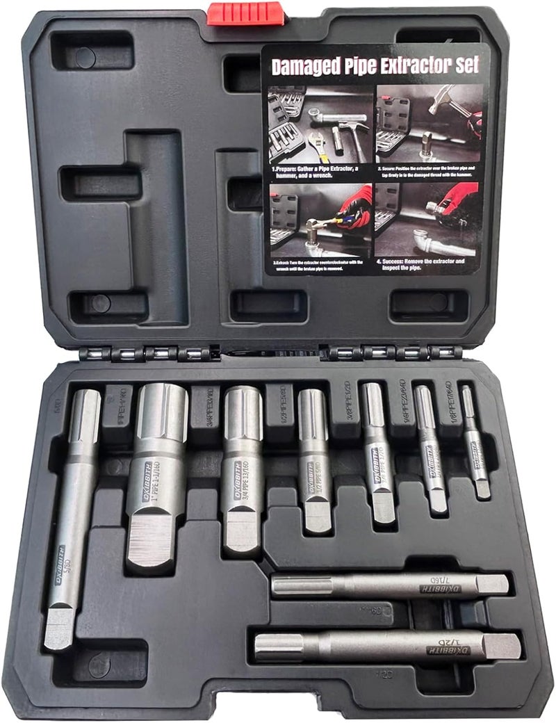 DKIBBITH Pipe Extractor Set, 9-Piece Heavy Duty Steel Broken Pipe Extractors for Removing Damaged Threaded Pipes & Fittings from 1/8" to 1", with Durable Storage Case, Ideal Tools for Plumbers Mechanics DIY - Image 1